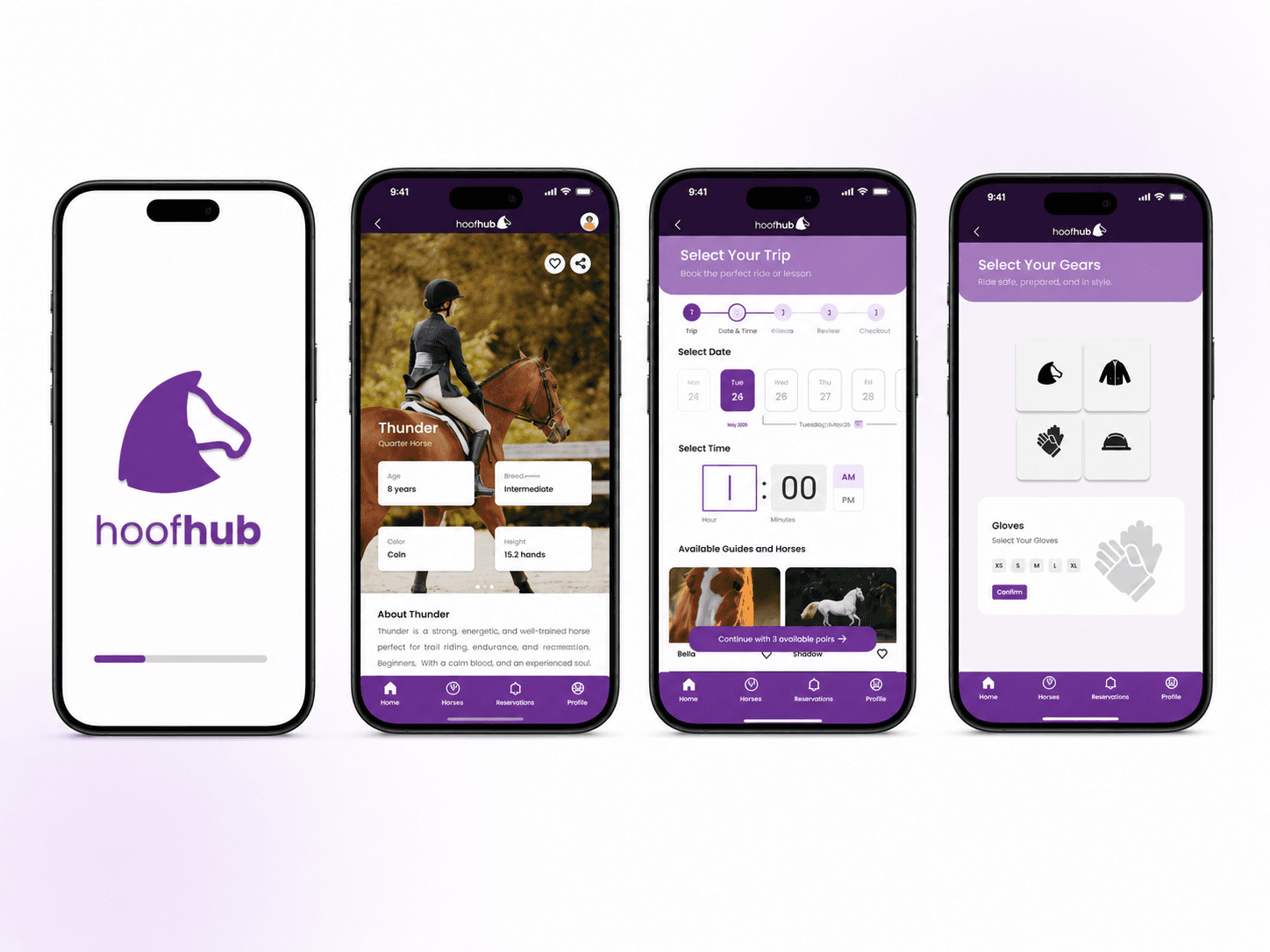 HoofHub mobile app screens showing onboarding, horse profile, booking and gear selection