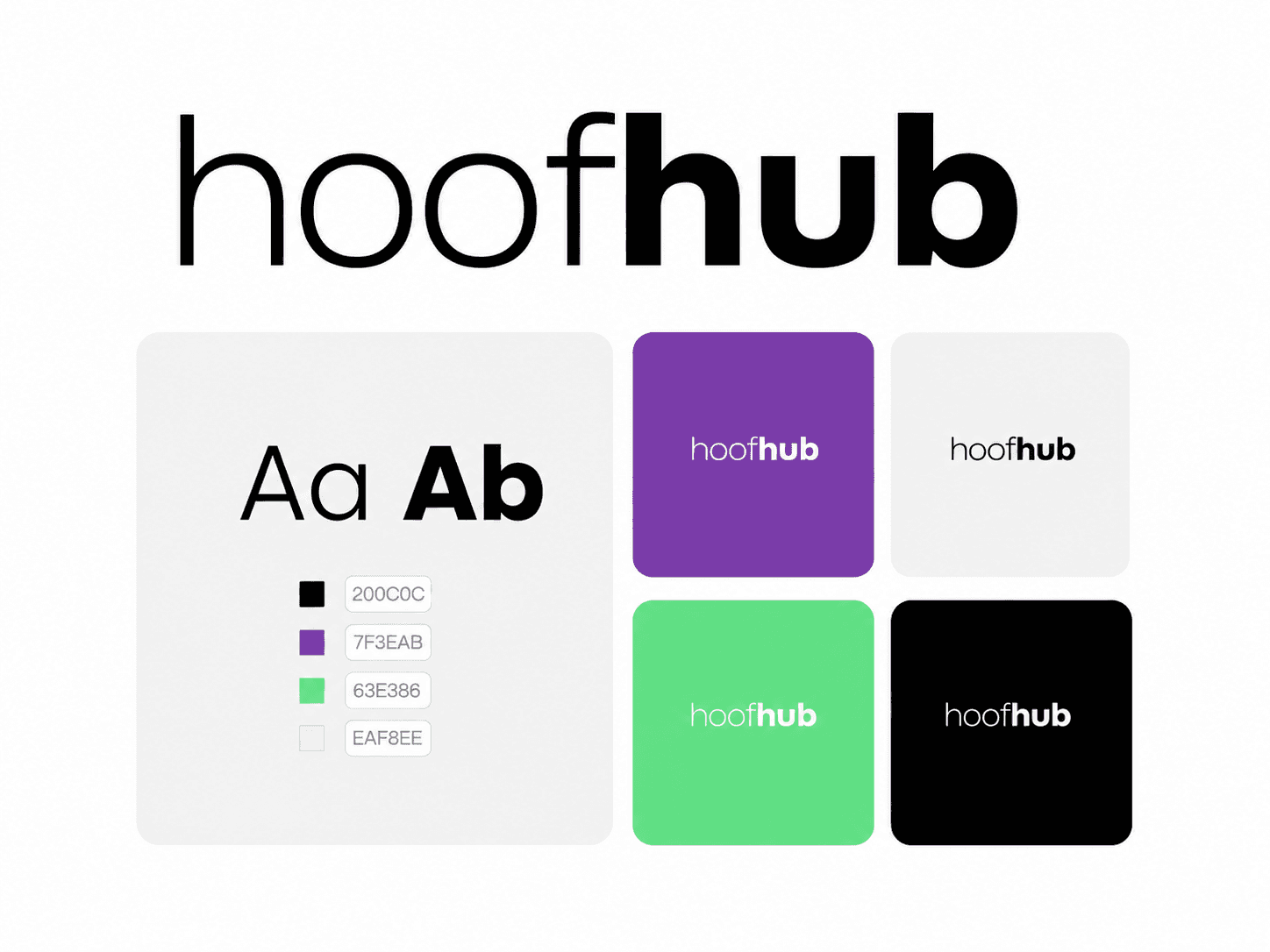 HoofHub brand guidelines: wordmark, typography and colour palette in purple, green, black and mint