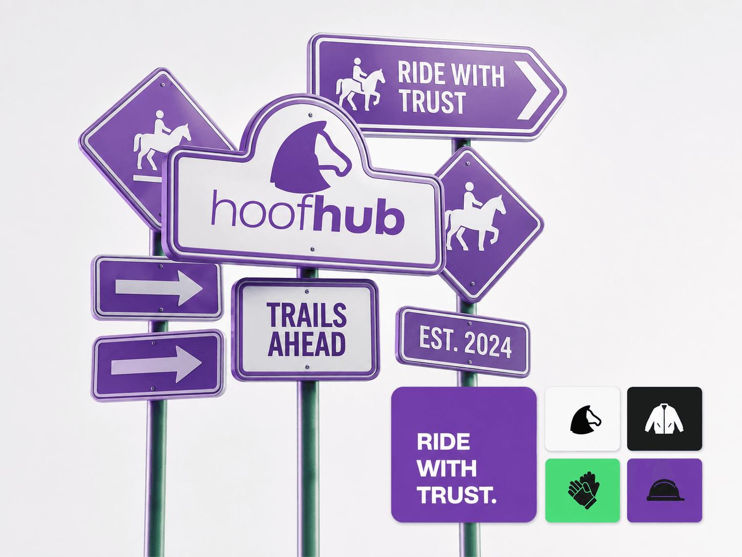 HoofHub wayfinding signage and brand application: Ride with Trust, Trails Ahead, Est. 2024