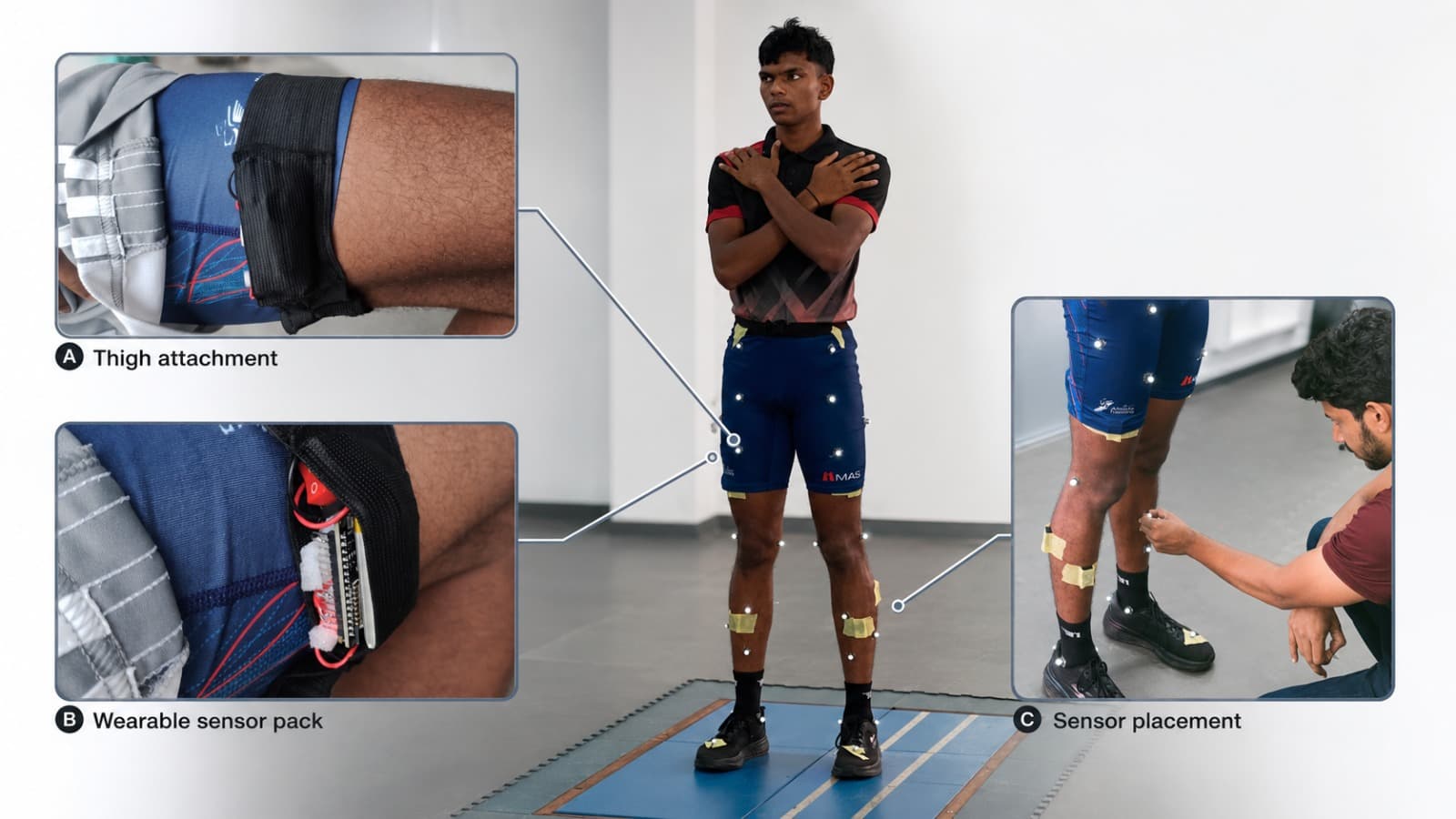 Dual-IMU wearable prototype showing thigh attachment, the wearable sensor pack, and sensor placement on an athlete