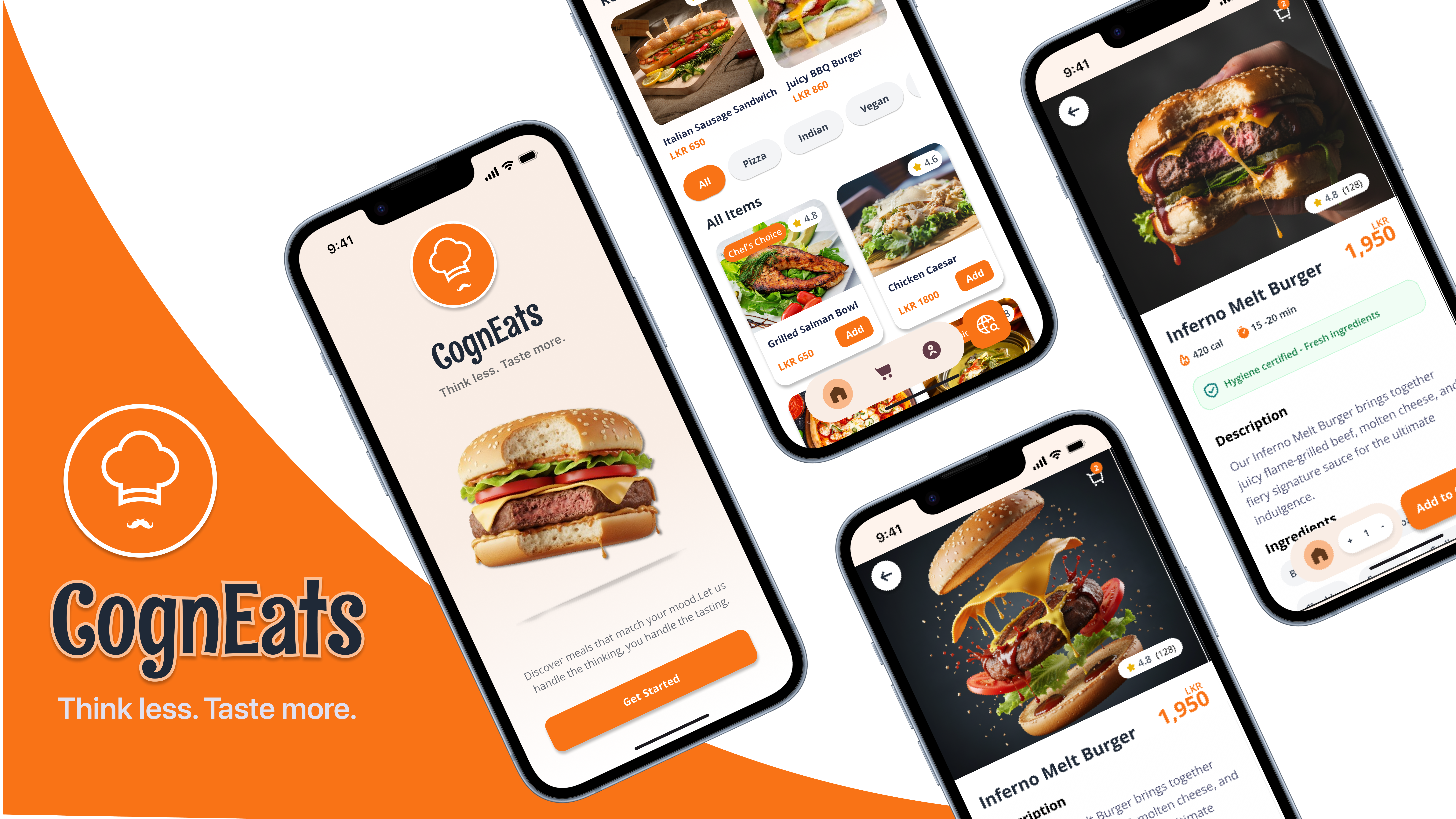 CognEats splash screen — chef-hat logo, warm burger imagery and the Think less, Taste more slogan