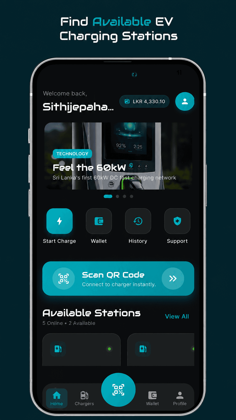 LankaEVPlus mobile app home screen showing wallet balance, Scan QR Code action and available charging stations