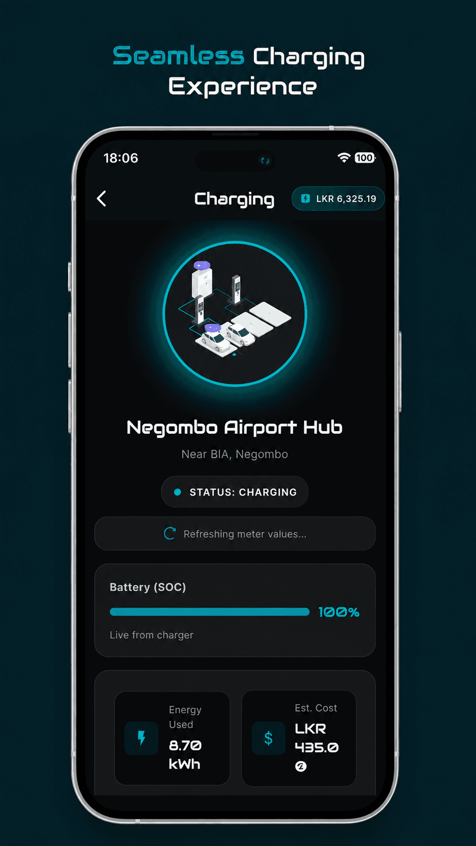 LankaEVPlus live charging session screen showing battery SOC, energy used and estimated cost