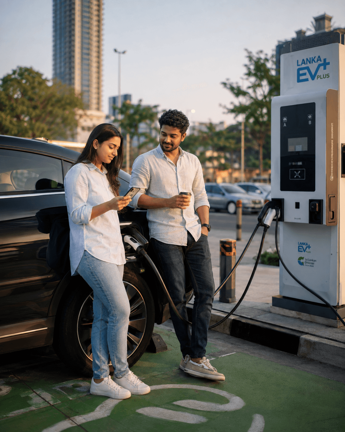 LankaEVPlus branded charging station canopy at night — Sri Lanka's premium EV charging network