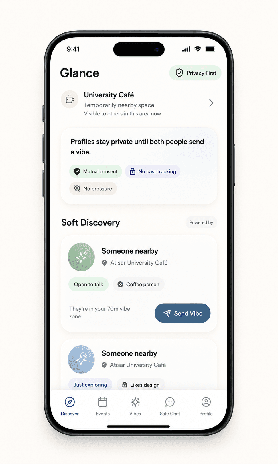 Design B — Privacy-First Soft Discovery