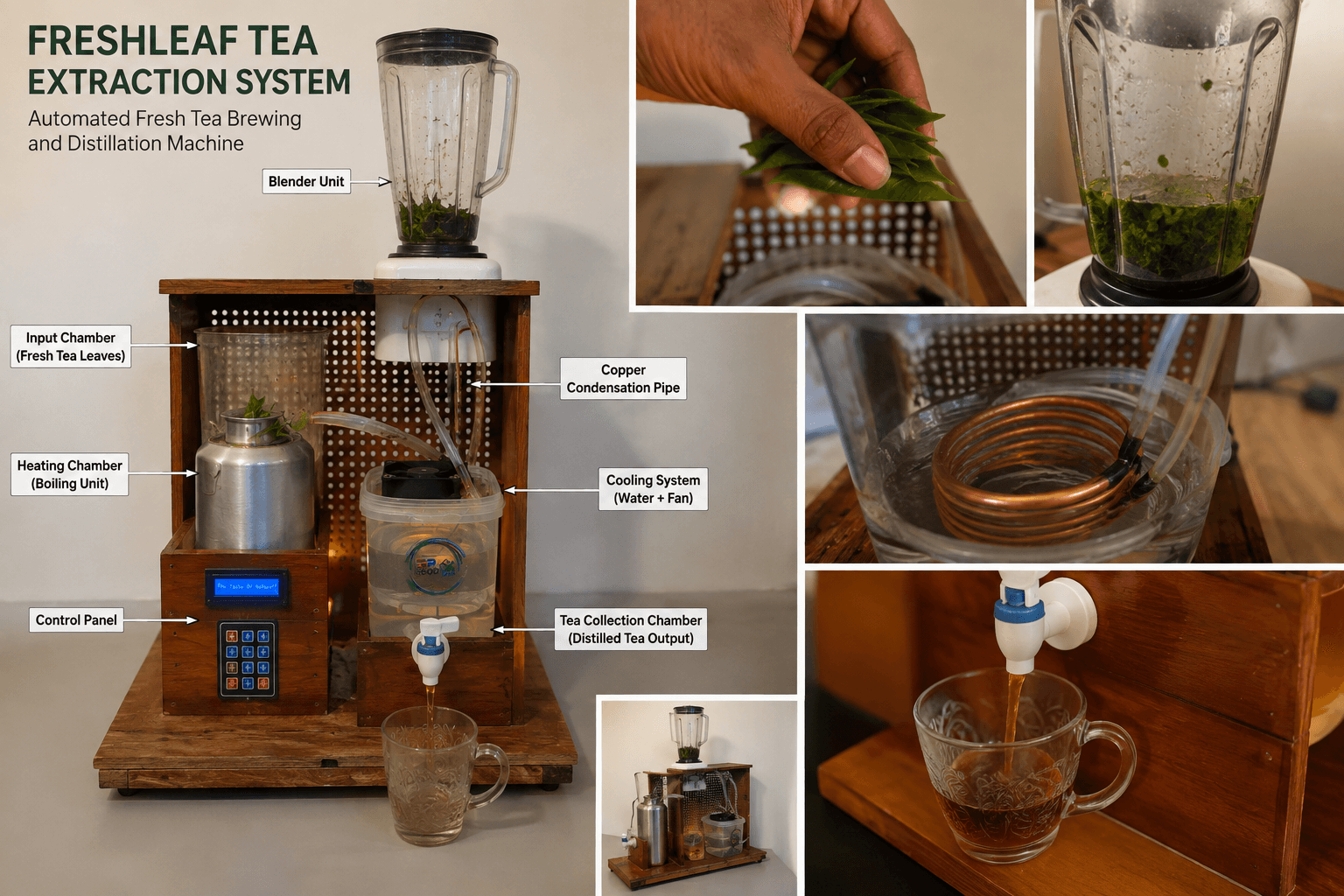 Annotated diagram of the FreshLeaf machine labelling the input chamber, heating chamber, copper condensation pipe, cooling system, control panel and tea collection chamber