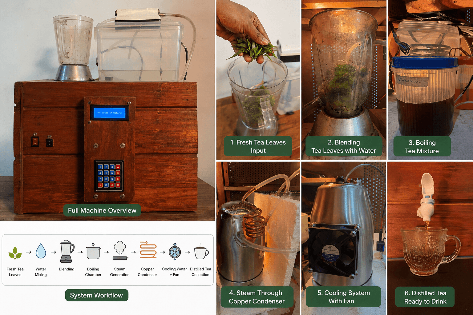 FreshLeaf full machine overview alongside the fresh-leaves-to-distilled-tea system workflow icons