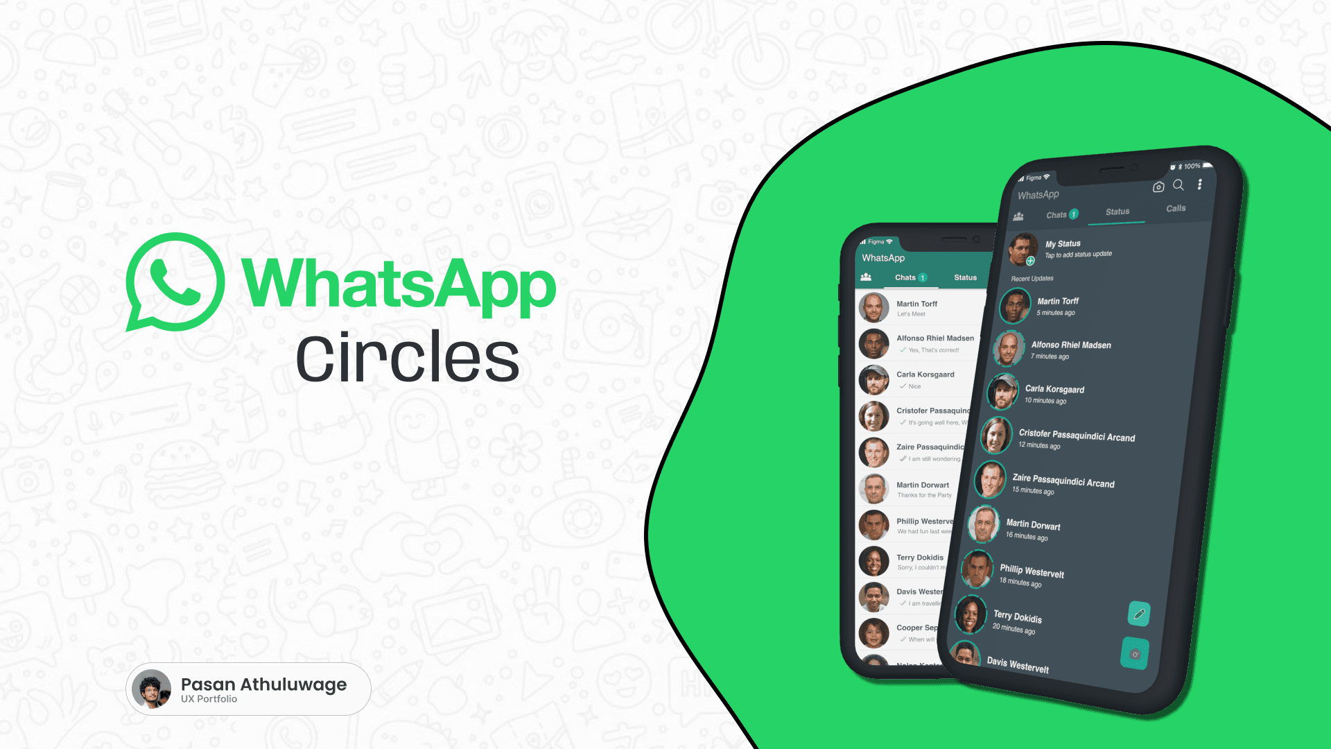 WhatsApp Circles cover — chat list and status screens inside a green rounded shape