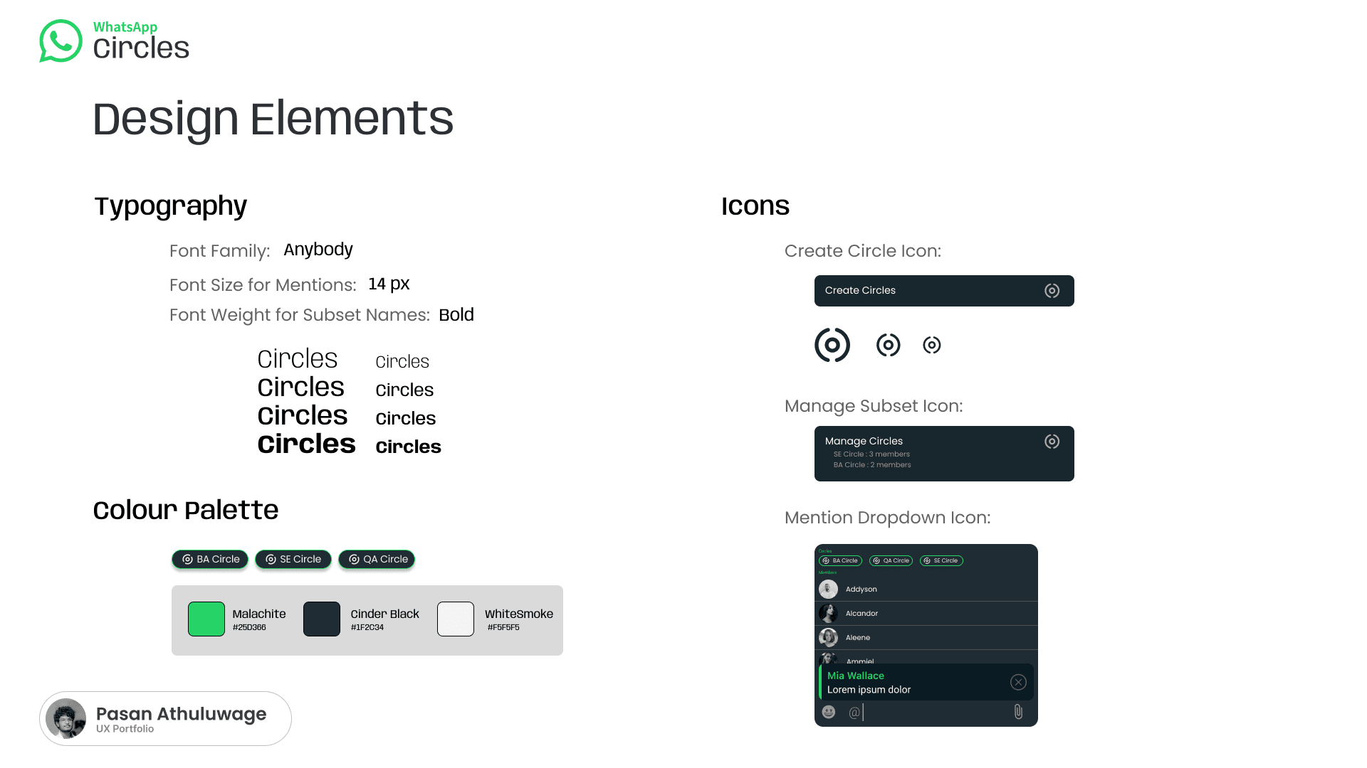 Design elements slide: Anybody typography, colour palette, and Create Circle, Manage Subset and mention dropdown icons