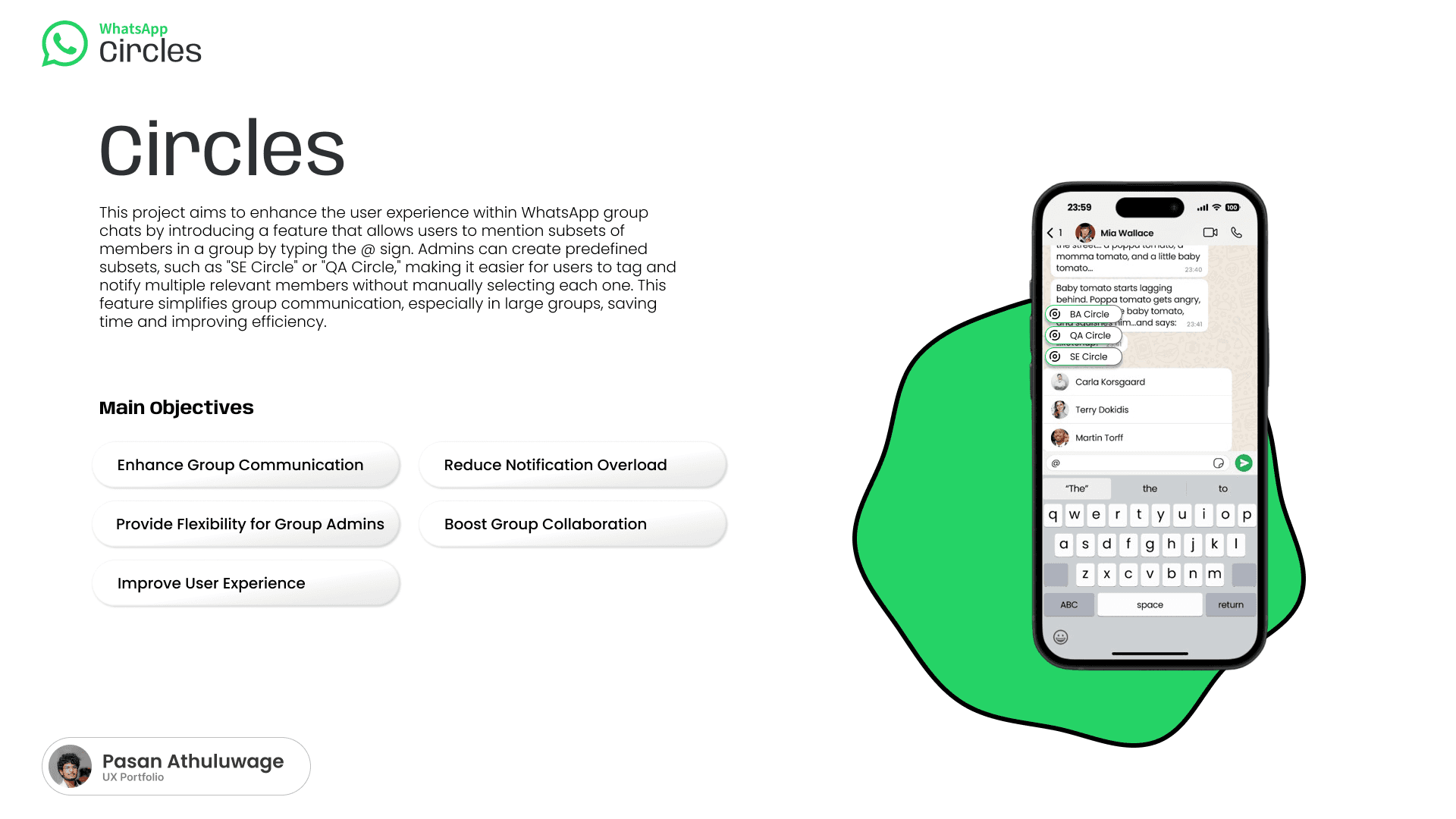 WhatsApp Circles intro slide describing the feature and its main objectives, with a mention-menu mockup