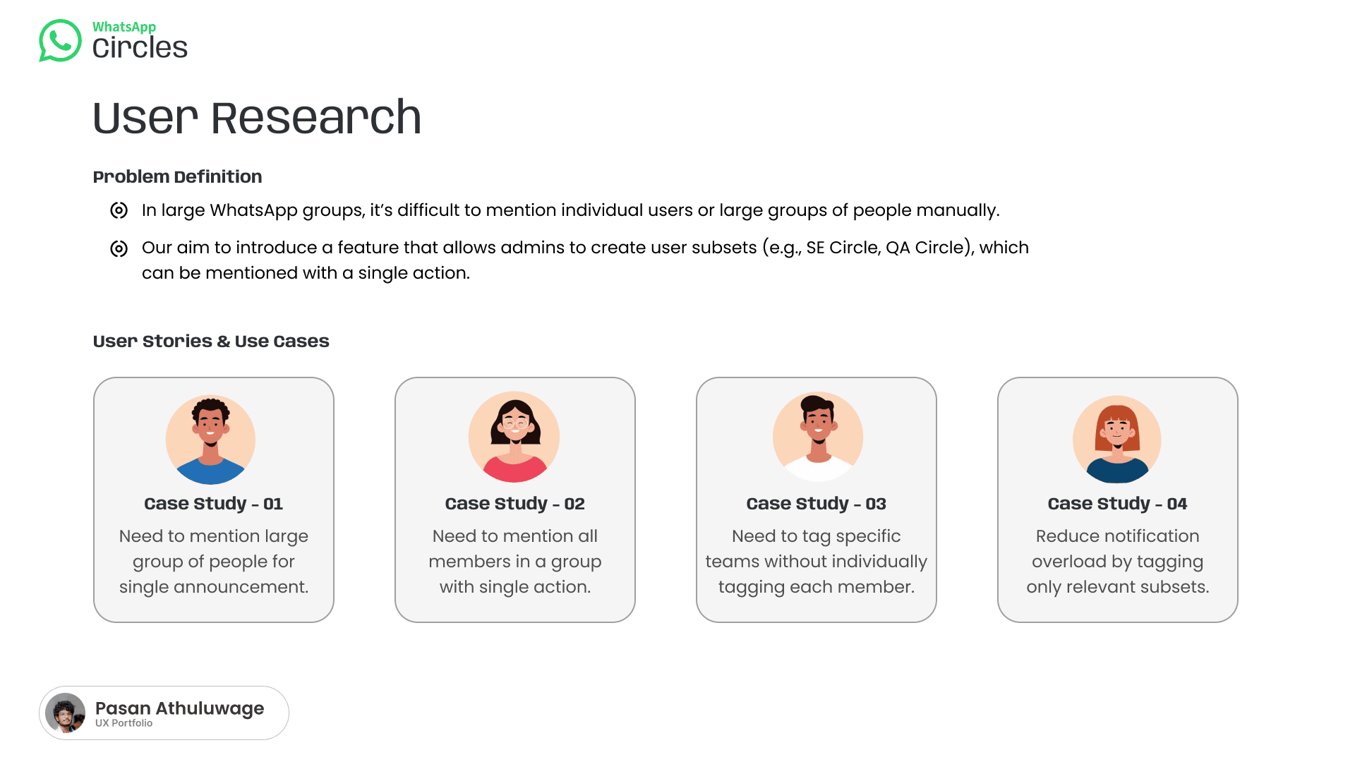 User research slide with problem definition and four user story case studies